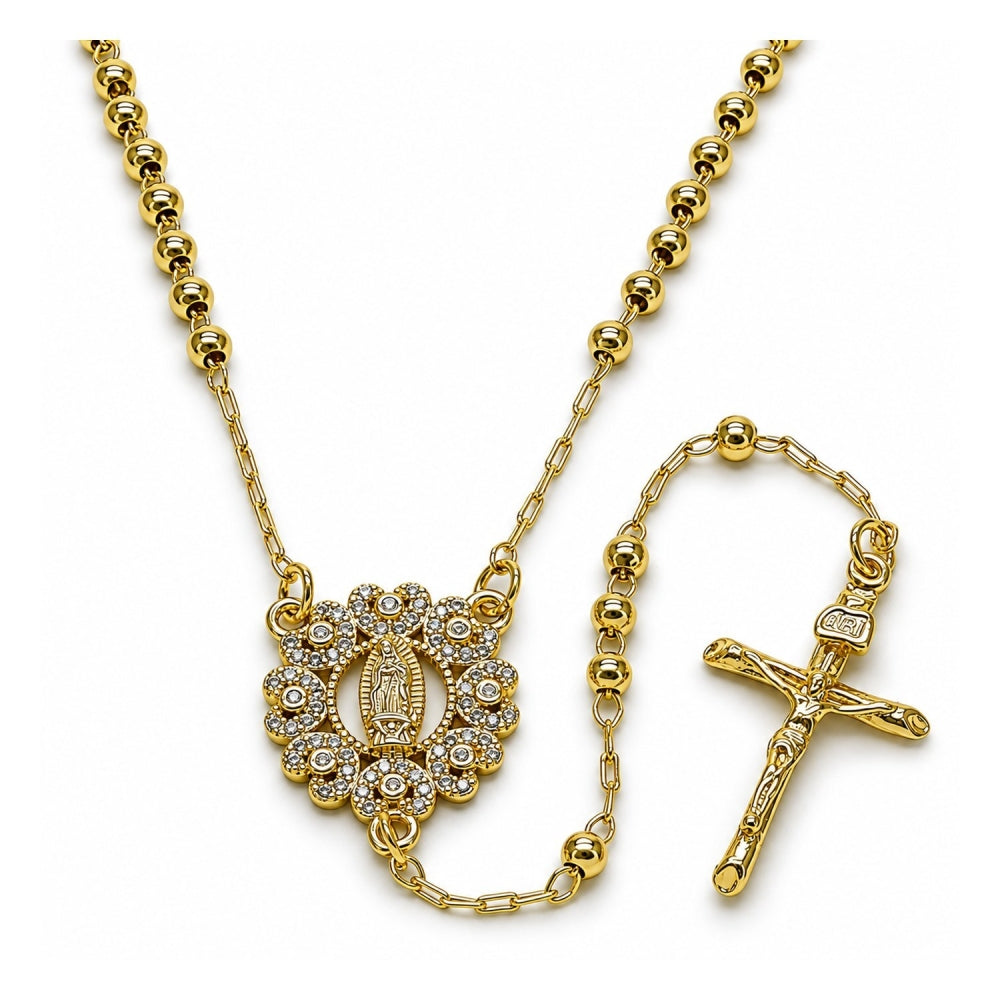 Oro Laminado Thin Rosary, Gold Filled Style Guadalupe and Crucifix Design, with White Micro Pave, Polished, Golden Finish