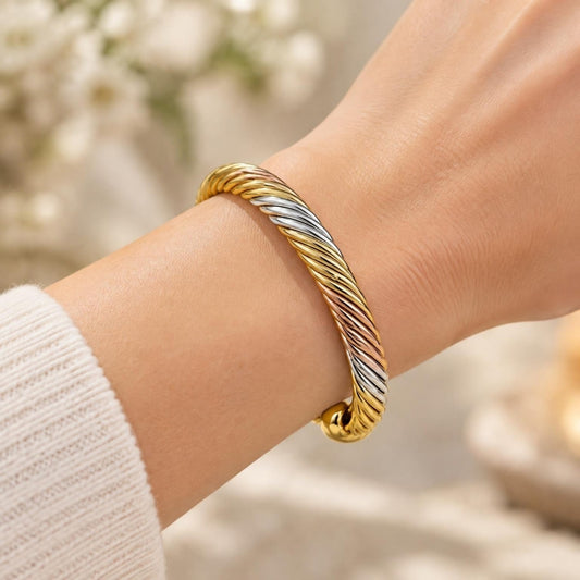 Oro Laminado Individual Bangle, Gold Filled Style Twist Design, Polished, Tricolor