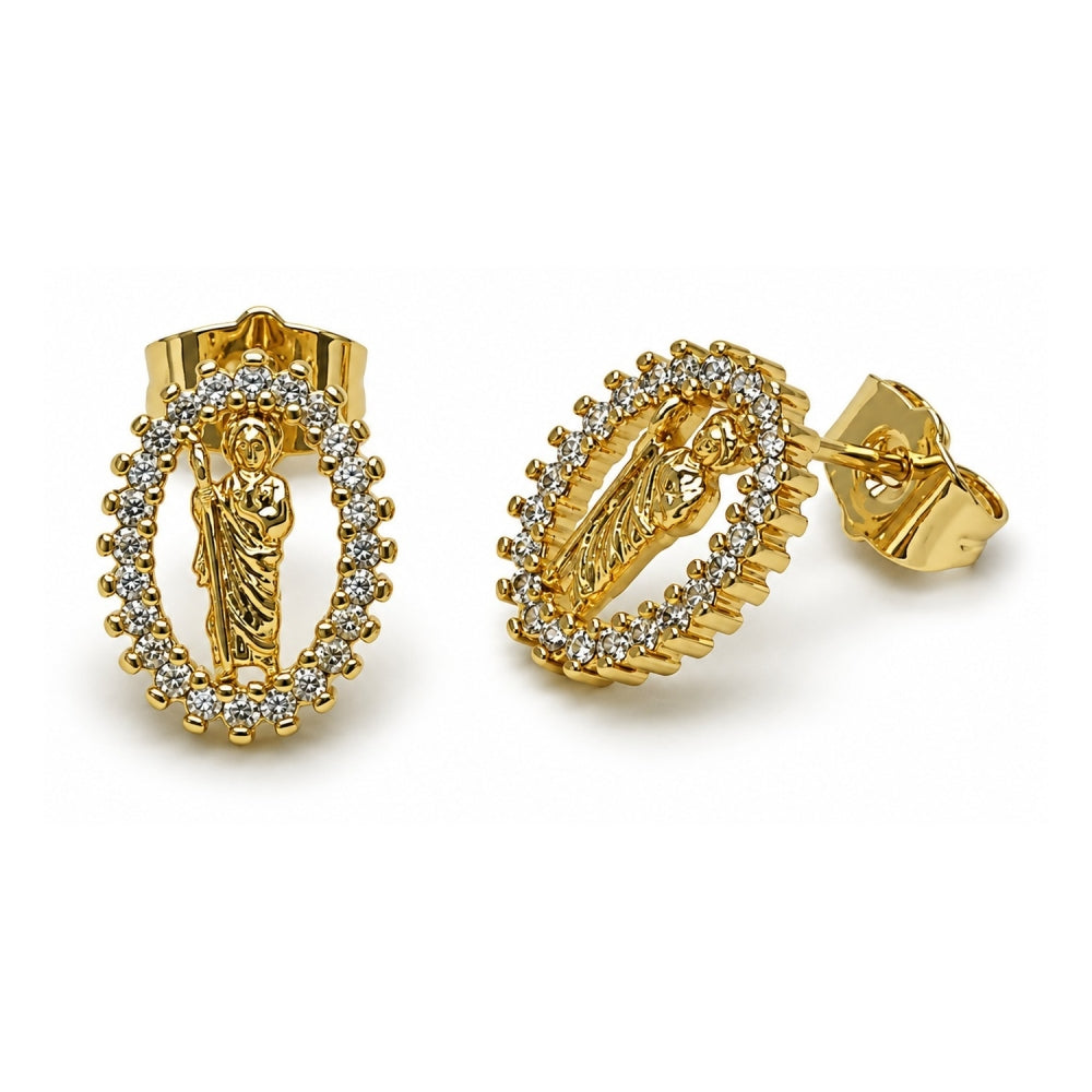 Oro Laminado Stud Earring, Gold Filled Style San Judas Design, with White Cubic Zirconia, Polished, Golden Finish