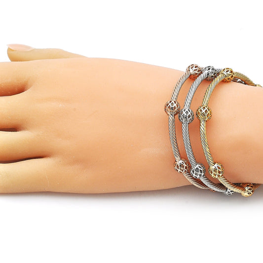 Oro Laminado Trio Bangle, Gold Filled Style Twist and Ball Design, Polished, Tricolor