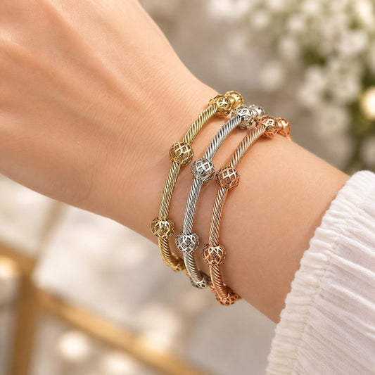Oro Laminado Trio Bangle, Gold Filled Style Twist and Ball Design, Polished, Tricolor