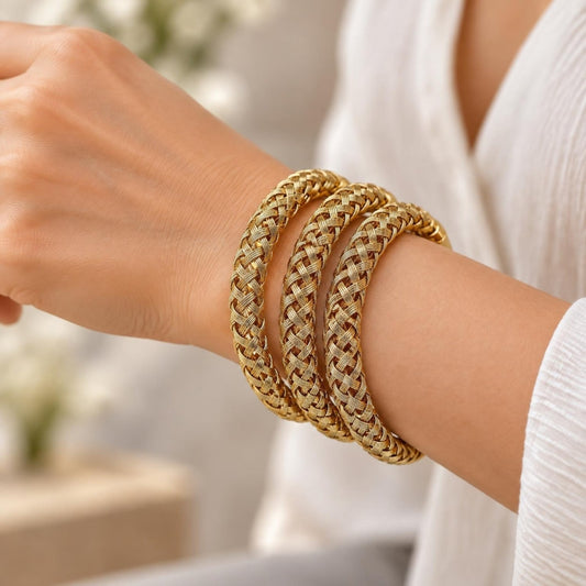 Oro Laminado Trio Bangle, Gold Filled Style Twist Design, Polished, Golden Finish