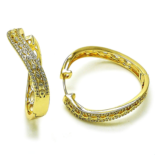 Oro Laminado Huggie Hoop, Gold Filled Style Evil Eye Design, with White Micro Pave, Polished, Golden Finish