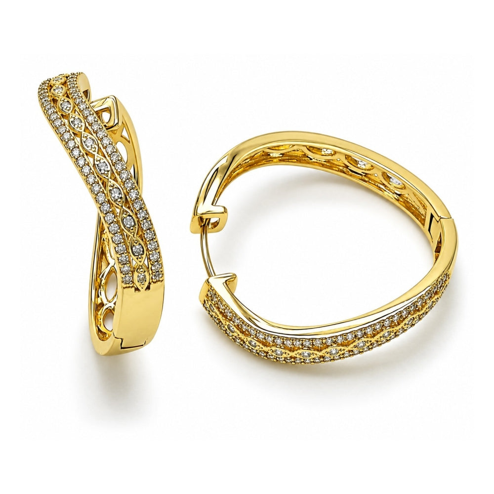 Oro Laminado Huggie Hoop, Gold Filled Style Evil Eye Design, with White Micro Pave, Polished, Golden Finish