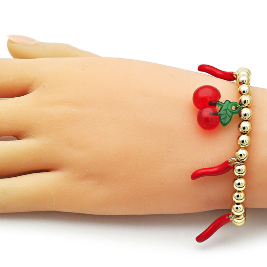 Oro Laminado Fancy Bracelet, Gold Filled Style Cherry and Chili Design, with Garnet Crystal, Red Enamel Finish, Golden Finish
