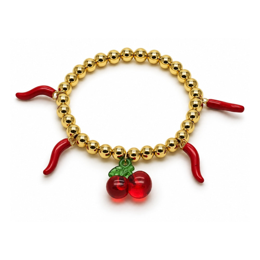 Oro Laminado Fancy Bracelet, Gold Filled Style Cherry and Chili Design, with Garnet Crystal, Red Enamel Finish, Golden Finish