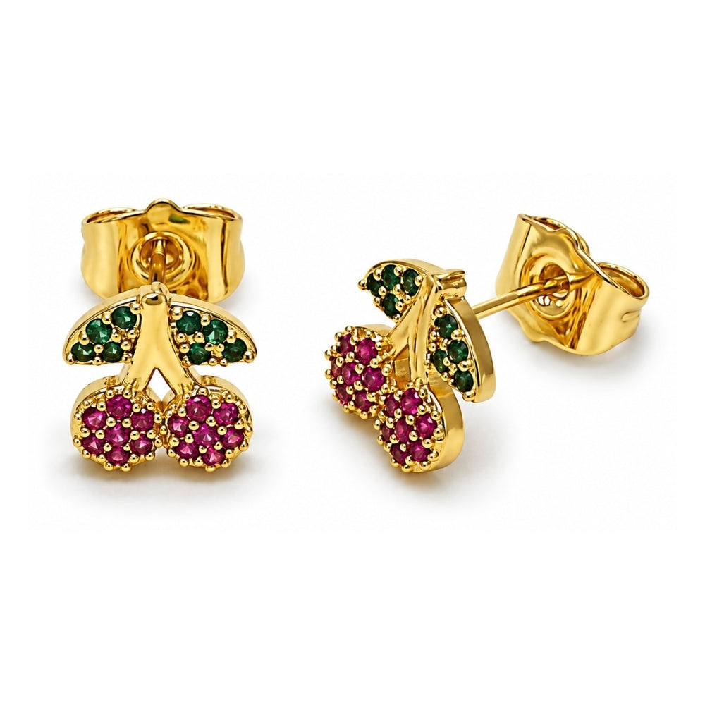 Oro Laminado Stud Earring, Gold Filled Style Cherry Design, with Ruby and Green Micro Pave, Polished, Golden Finish