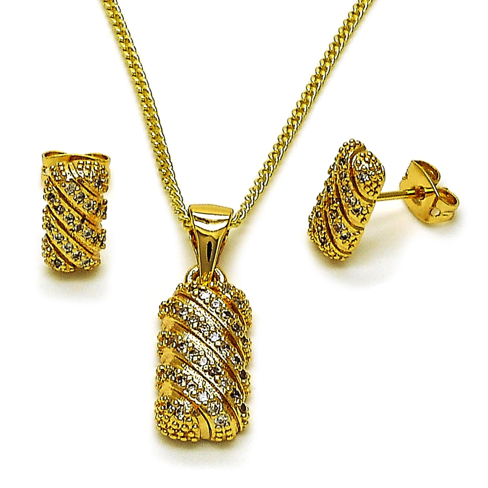 Oro Laminado Earring and Pendant Adult Set, Gold Filled Style with White Cubic Zirconia, Polished, Golden Finish