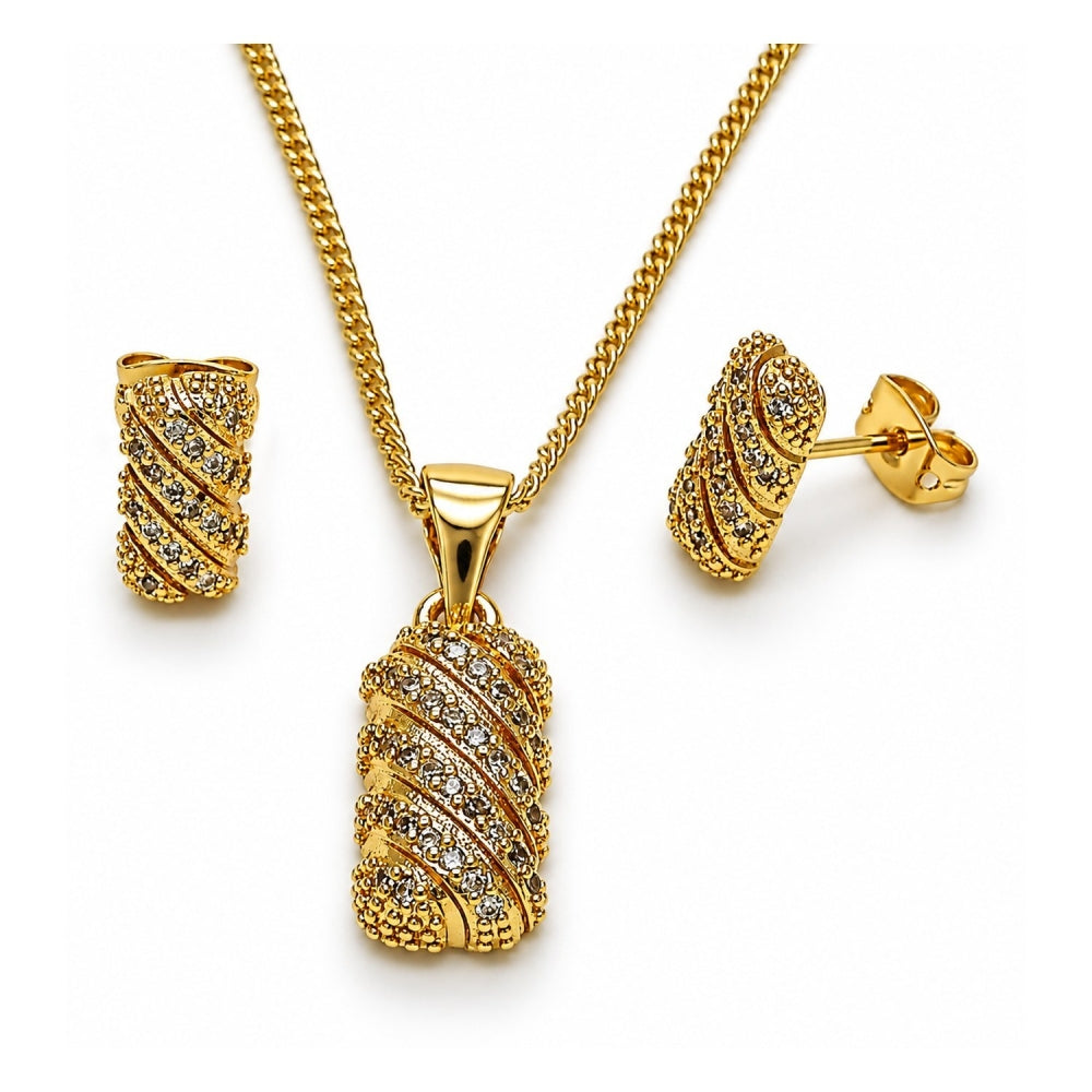 Oro Laminado Earring and Pendant Adult Set, Gold Filled Style with White Cubic Zirconia, Polished, Golden Finish