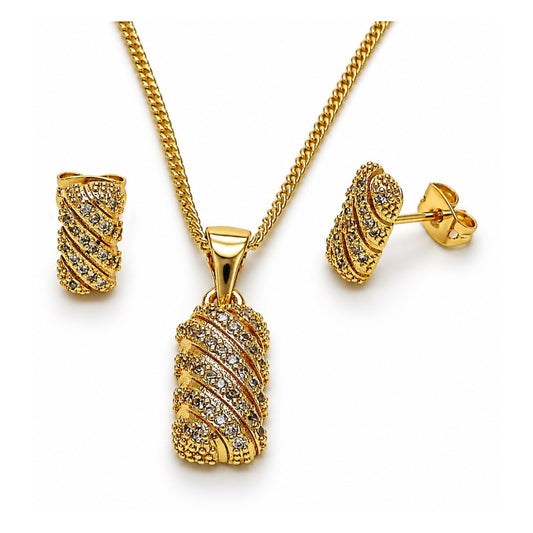 Oro Laminado Earring and Pendant Adult Set, Gold Filled Style with White Cubic Zirconia, Polished, Golden Finish