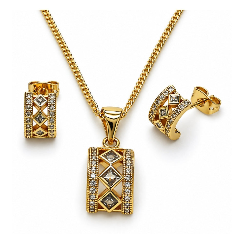 Oro Laminado Earring and Pendant Adult Set, Gold Filled Style Cluster Design, with White Cubic Zirconia and White Micro Pave, Polished, Golden Finish