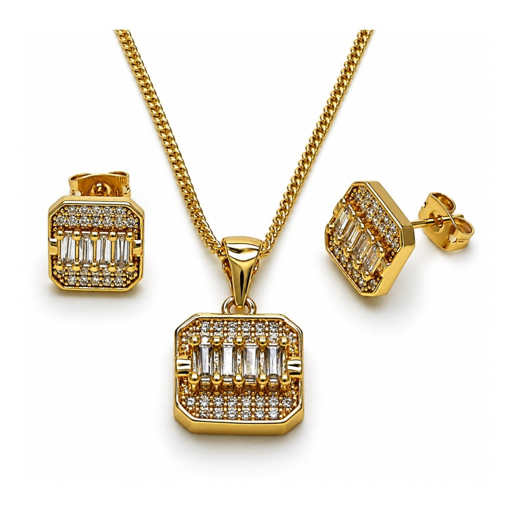 Oro Laminado Earring and Pendant Adult Set, Gold Filled Style Baguette Design, with White Cubic Zirconia, Polished, Golden Finish