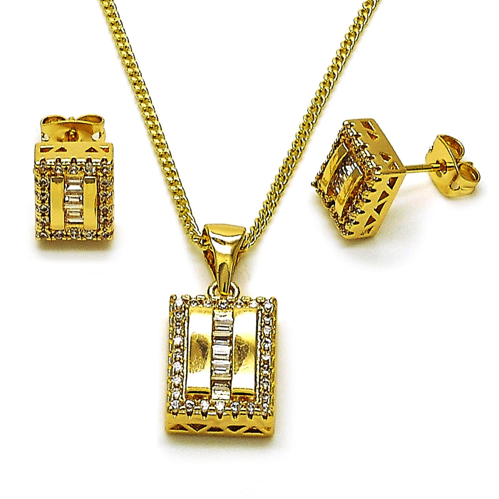 Oro Laminado Earring and Pendant Adult Set, Gold Filled Style Baguette Design, with White Cubic Zirconia and White Micro Pave, Polished, Golden Finish
