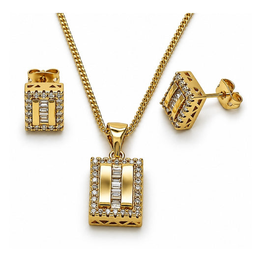 Oro Laminado Earring and Pendant Adult Set, Gold Filled Style Baguette Design, with White Cubic Zirconia and White Micro Pave, Polished, Golden Finish
