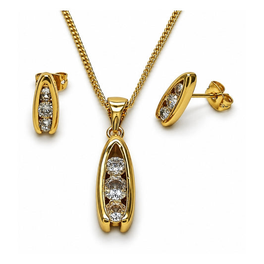 Oro Laminado Earring and Pendant Adult Set, Gold Filled Style Horseshoe Design, with White Cubic Zirconia, Polished, Golden Finish