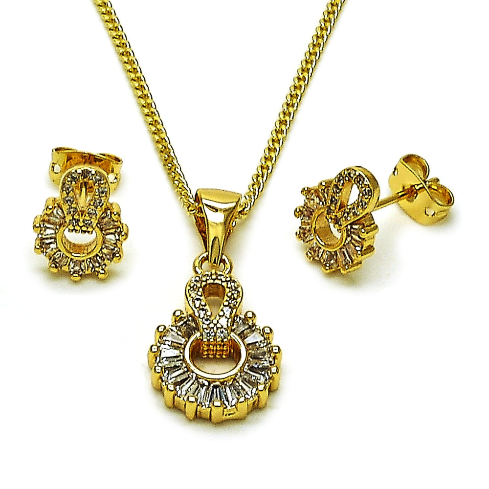 Oro Laminado Earring and Pendant Adult Set, Gold Filled Style Baguette Design, with White Cubic Zirconia and White Micro Pave, Polished, Golden Finish