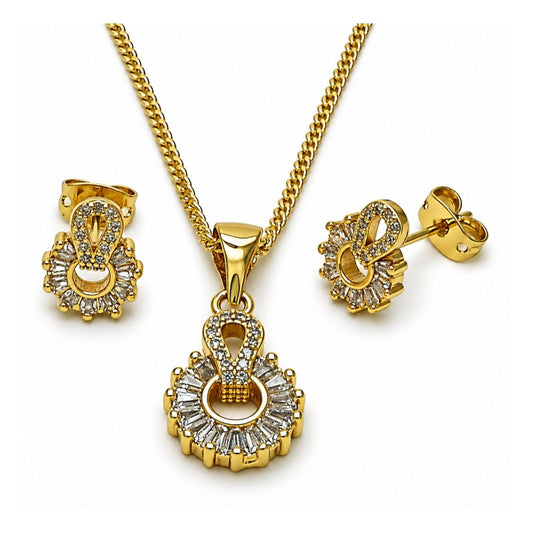 Oro Laminado Earring and Pendant Adult Set, Gold Filled Style Baguette Design, with White Cubic Zirconia and White Micro Pave, Polished, Golden Finish