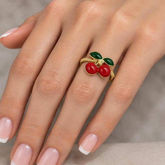 Oro Laminado Elegant Ring, Gold Filled Style Cherry Design, Red Enamel Finish, Golden Finish