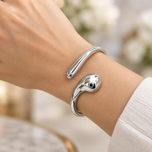 White Gold Filled Individual Bangle, Teardrop Design, Polished, Rhodium Finish