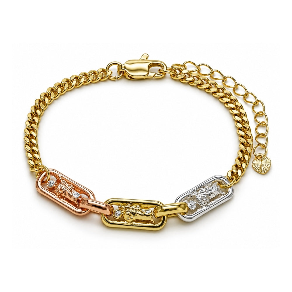 Oro Laminado Fancy Bracelet, Gold Filled Style San Judas and Miami Cuban Design, Polished, Tricolor
