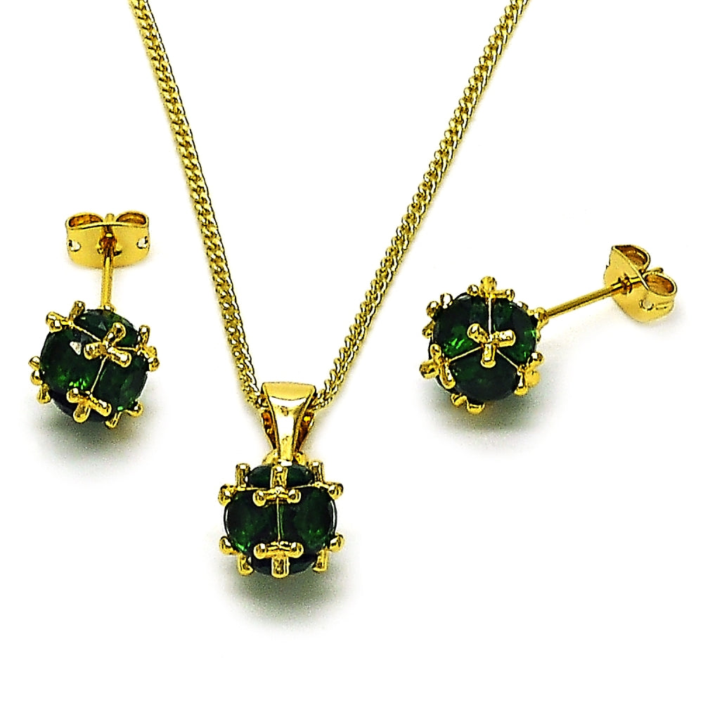 Oro Laminado Earring and Pendant Adult Set, Gold Filled Style Ball Design, with Green Cubic Zirconia, Polished, Golden Finish