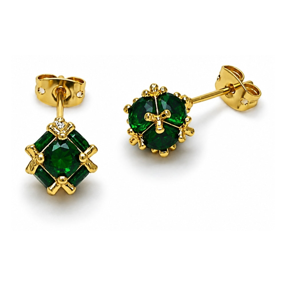 Oro Laminado Stud Earring, Gold Filled Style Ball Design, with Green Cubic Zirconia, Polished, Golden Finish