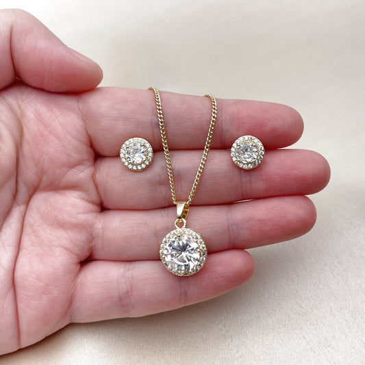 Oro Laminado Earring and Pendant Adult Set, Gold Filled Style Cluster Design, with White Cubic Zirconia and White Micro Pave, Polished, Golden Finish