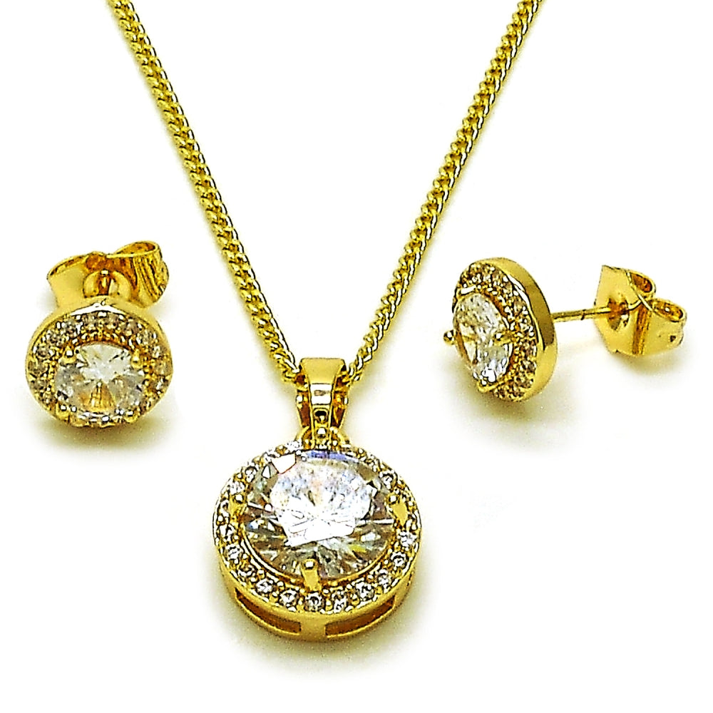 Oro Laminado Earring and Pendant Adult Set, Gold Filled Style Cluster Design, with White Cubic Zirconia and White Micro Pave, Polished, Golden Finish