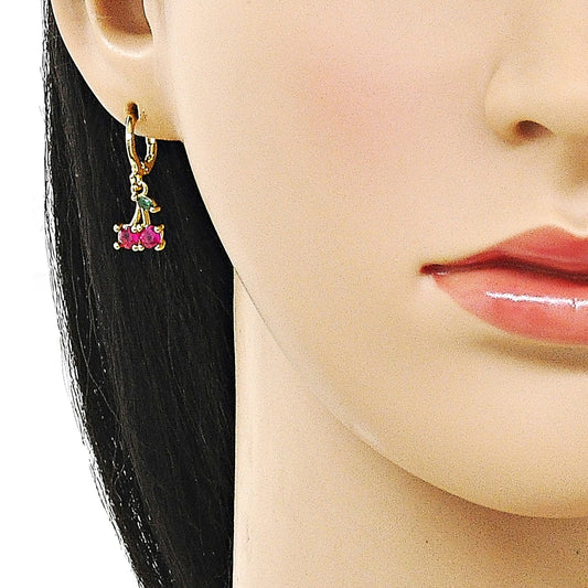 Oro Laminado Dangle Earring, Gold Filled Style Cherry Design, with Ruby and Green Cubic Zirconia, Polished, Golden Finish