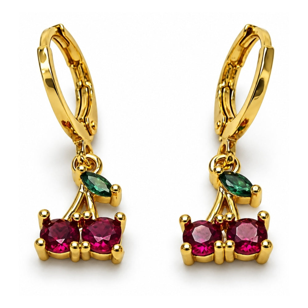 Oro Laminado Dangle Earring, Gold Filled Style Cherry Design, with Ruby and Green Cubic Zirconia, Polished, Golden Finish