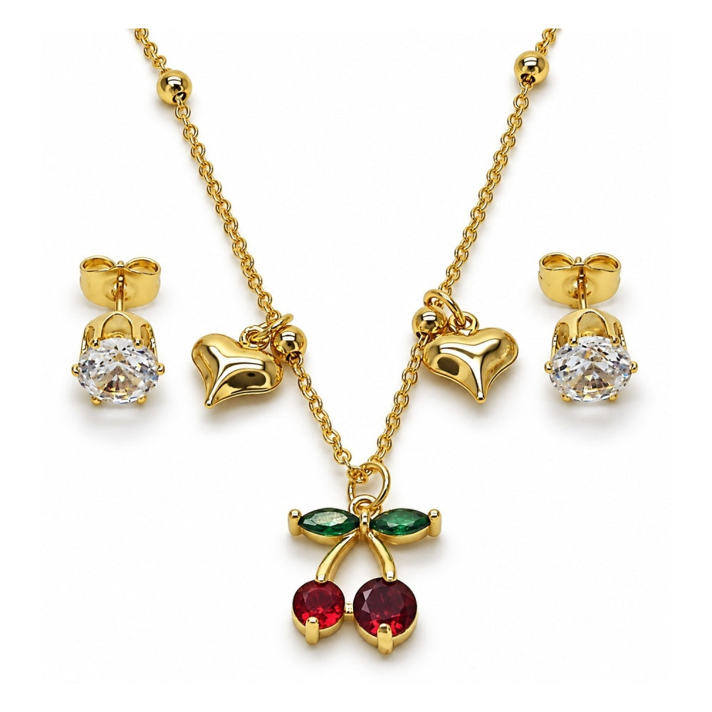 Oro Laminado Earring and Pendant Adult Set, Gold Filled Style Cherry and Heart Design, with White and Garnet Cubic Zirconia, Polished, Golden Finish