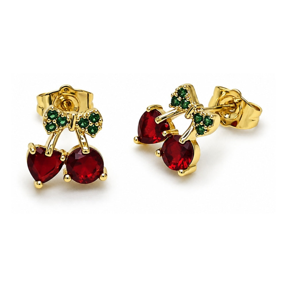 Oro Laminado Stud Earring, Gold Filled Style Cherry and Bow Design, with Garnet and Green Cubic Zirconia, Polished, Golden Finish