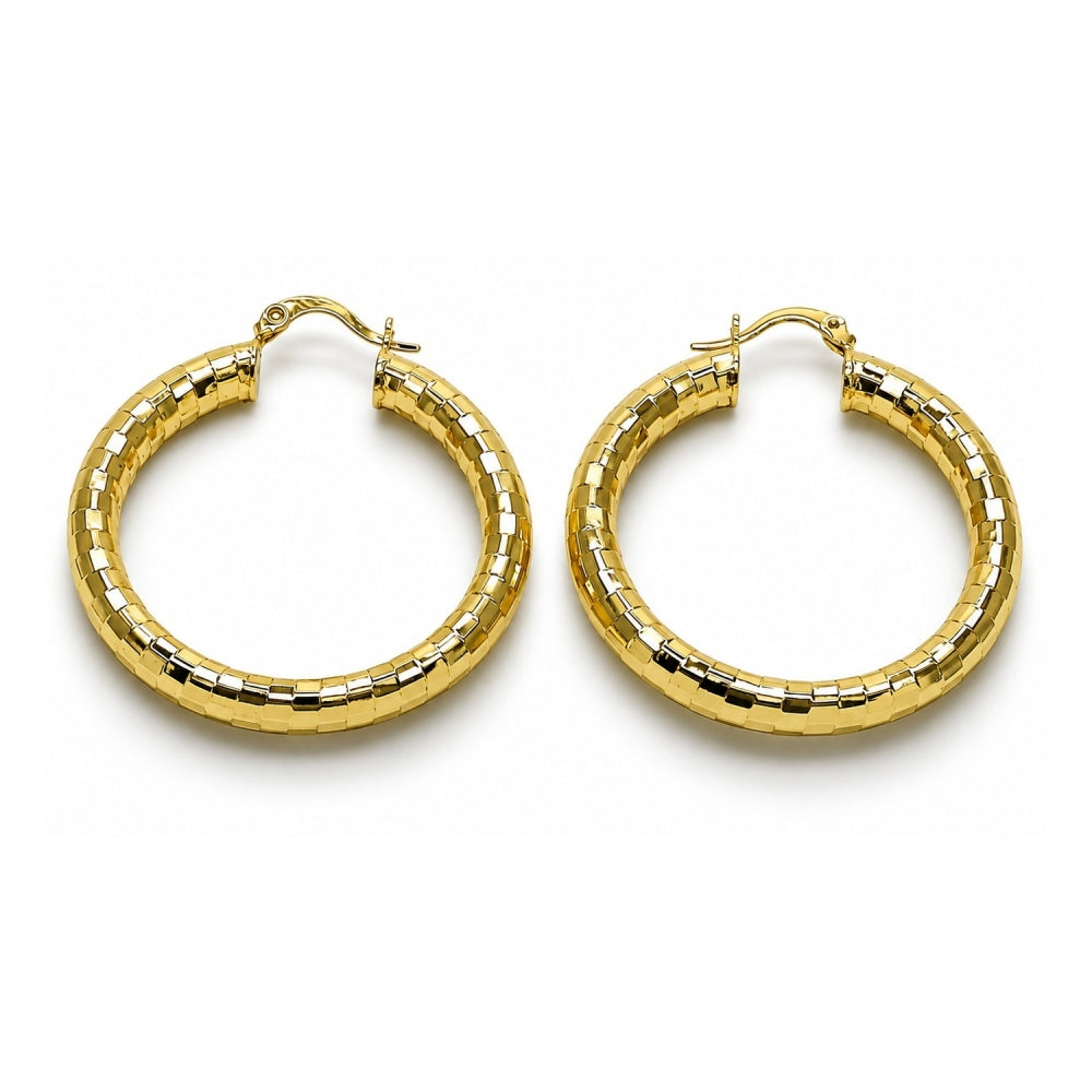 Oro Laminado Medium Hoop, Gold Filled Style Hollow Design, Diamond Cutting Finish, Golden Finish
