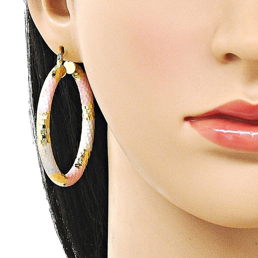 Oro Laminado Large Hoop, Gold Filled Style Hollow Design, Diamond Cutting Finish, Tricolor