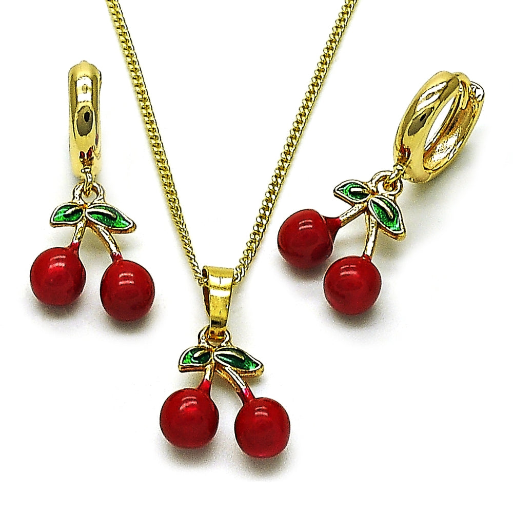 Oro Laminado Earring and Pendant Adult Set, Gold Filled Style Cherry Design, Red Enamel Finish, Golden Finish