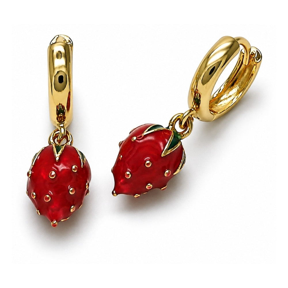 Oro Laminado Dangle Earring, Gold Filled Style Strawberry Design, Red Enamel Finish, Golden Finish