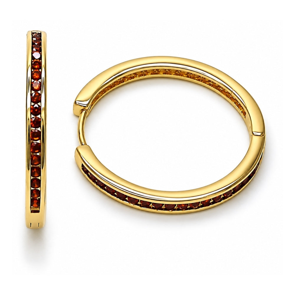 Oro Laminado Huggie Hoop, Gold Filled Style with Garnet Cubic Zirconia, Polished, Golden Finish