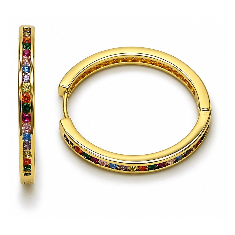 Oro Laminado Huggie Hoop, Gold Filled Style with Multicolor Cubic Zirconia, Polished, Golden Finish