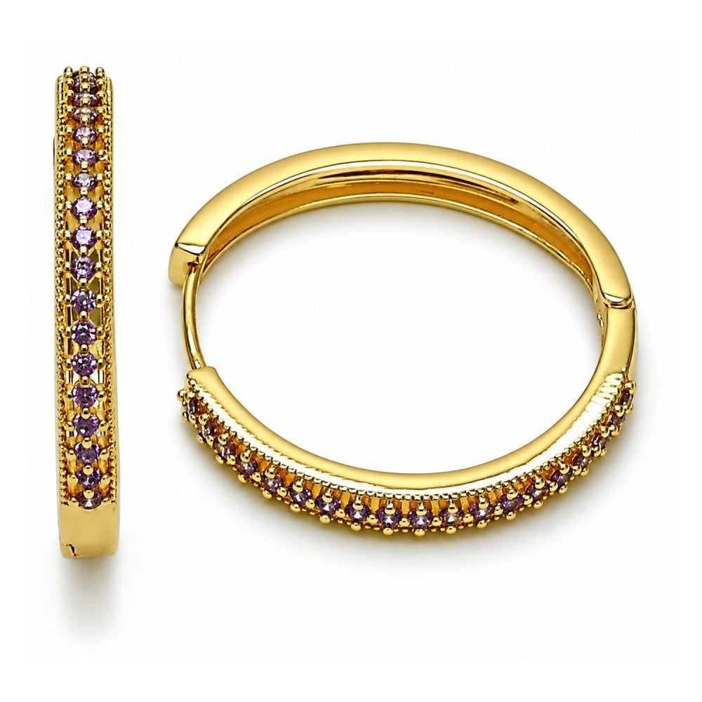 Oro Laminado Huggie Hoop, Gold Filled Style with Amethyst Cubic Zirconia, Polished, Golden Finish