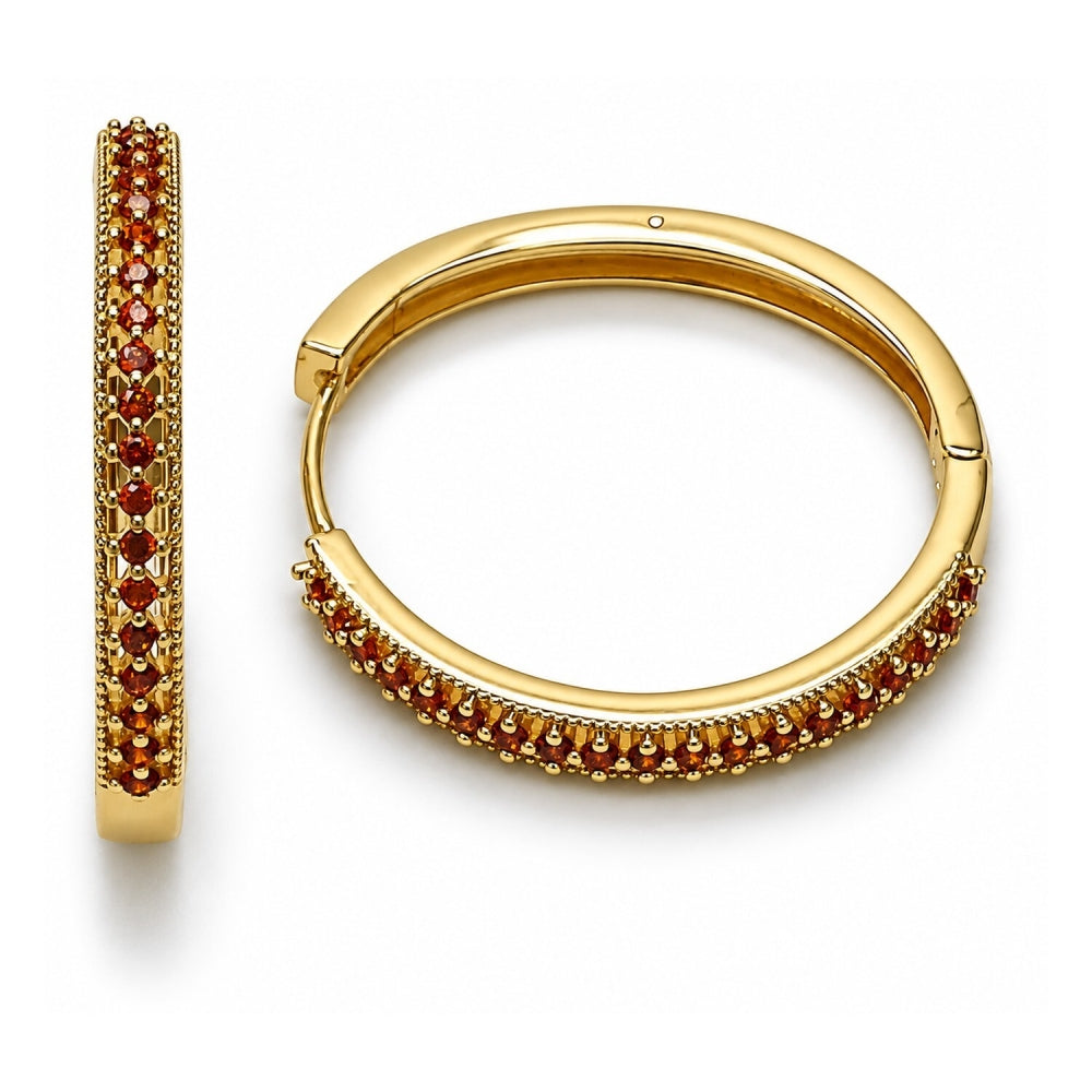Oro Laminado Huggie Hoop, Gold Filled Style with Garnet Cubic Zirconia, Polished, Golden Finish