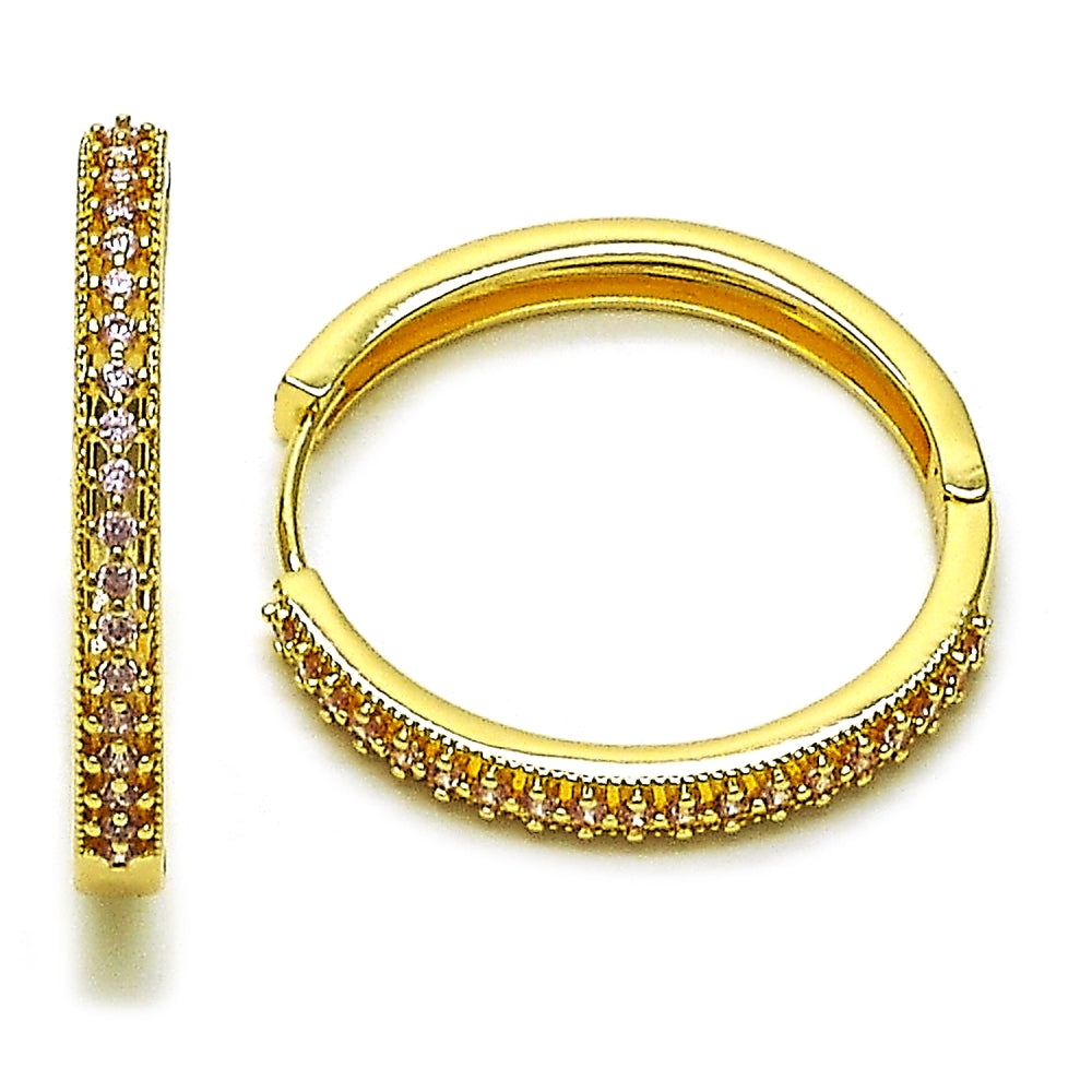 Oro Laminado Huggie Hoop, Gold Filled Style with Pink Cubic Zirconia, Polished, Golden Finish