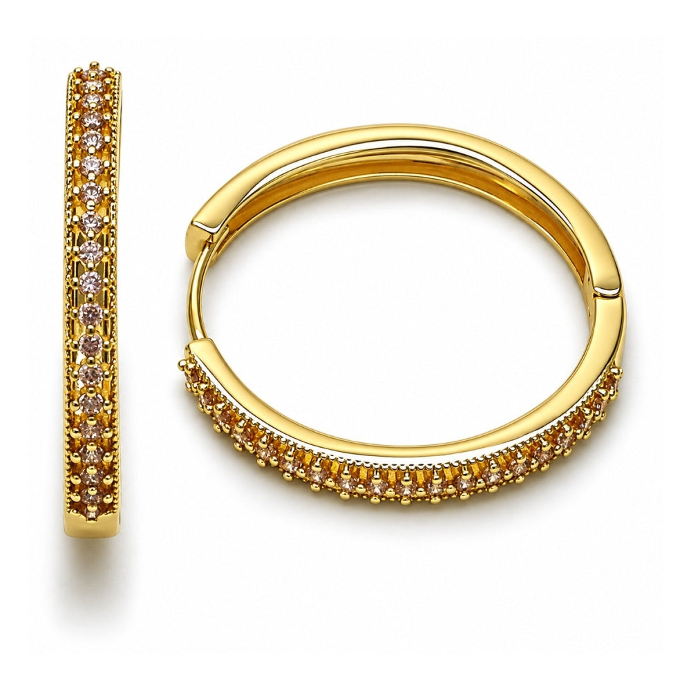 Oro Laminado Huggie Hoop, Gold Filled Style with Pink Cubic Zirconia, Polished, Golden Finish