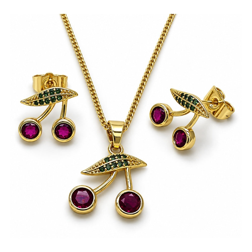 Oro Laminado Earring and Pendant Adult Set, Gold Filled Style Cherry Design, with Ruby Cubic Zirconia and Green Micro Pave, Polished, Golden Finish