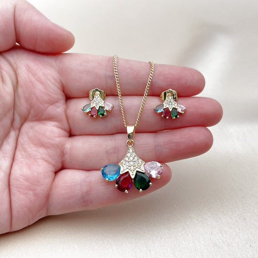 Oro Laminado Earring and Pendant Adult Set, Gold Filled Style Teardrop Design, with Multicolor and White Cubic Zirconia, Polished, Golden Finish