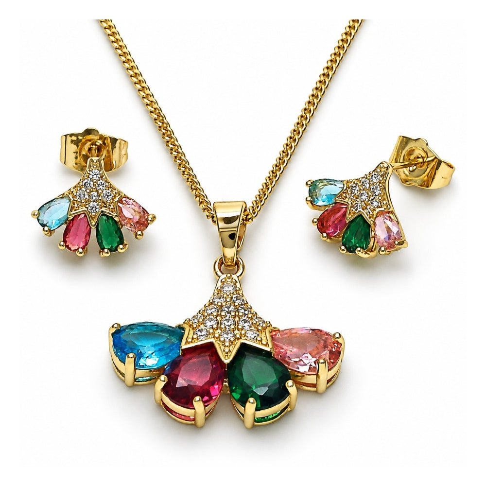 Oro Laminado Earring and Pendant Adult Set, Gold Filled Style Teardrop Design, with Multicolor and White Cubic Zirconia, Polished, Golden Finish