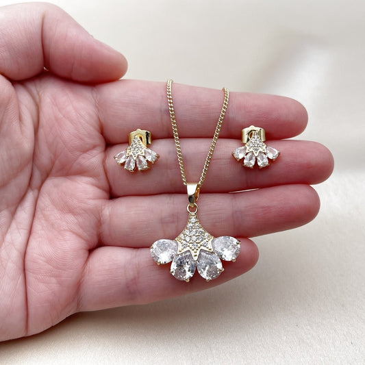 Oro Laminado Earring and Pendant Adult Set, Gold Filled Style Teardrop Design, with White Cubic Zirconia, Polished, Golden Finish