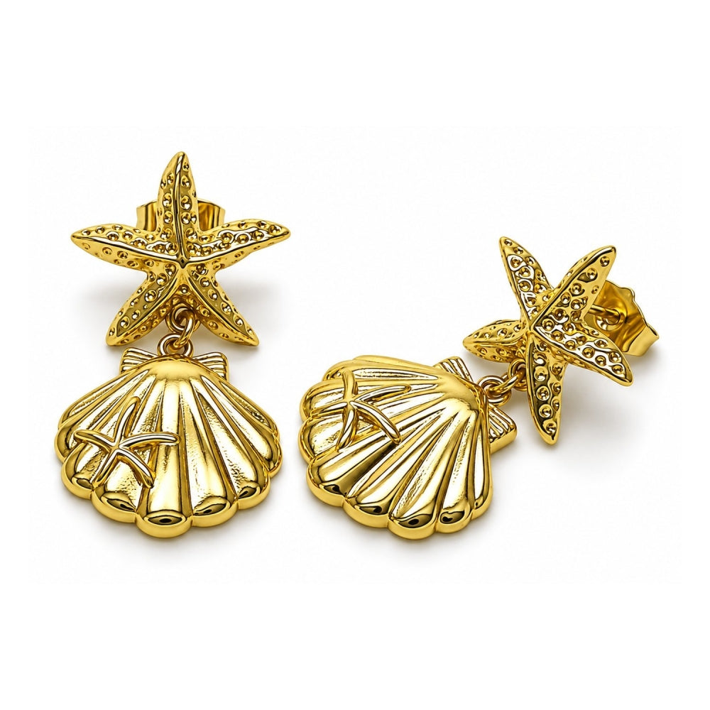 Oro Laminado Stud Earring, Gold Filled Style Shell and Star Design, Polished, Golden Finish