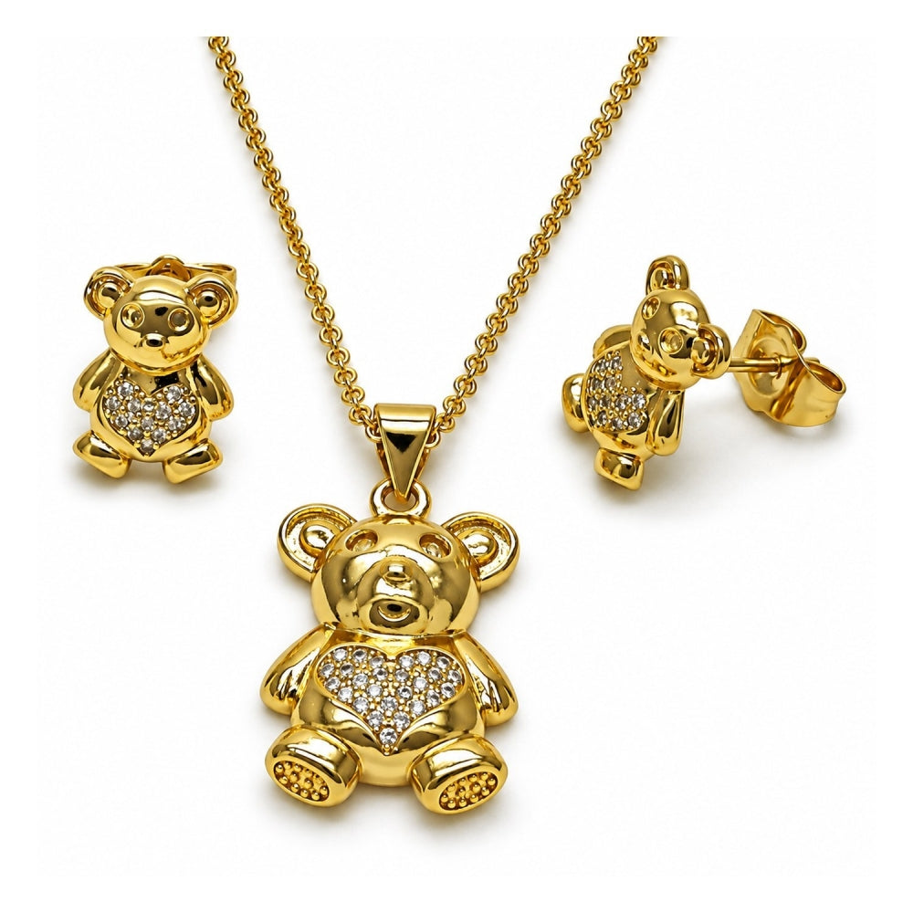 Oro Laminado Earring and Pendant Adult Set, Gold Filled Style Teddy Bear and Heart Design, with White Micro Pave, Polished, Golden Finish