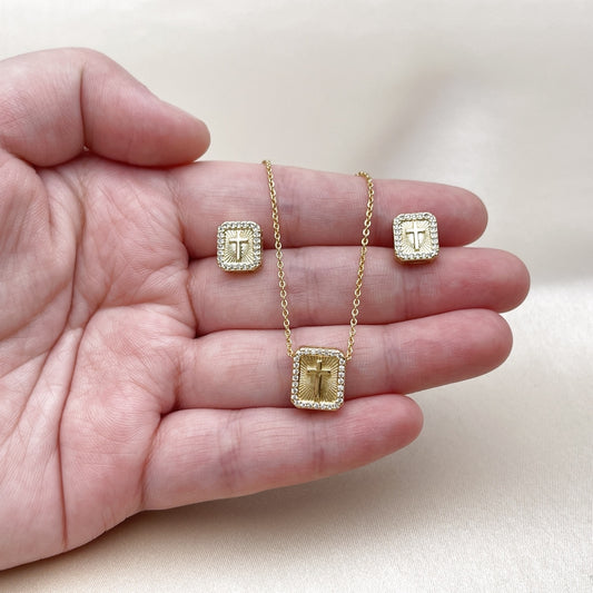 Oro Laminado Earring and Pendant Adult Set, Gold Filled Style Cross Design, with White Micro Pave, Diamond Cutting Finish, Golden Finish