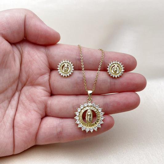 Oro Laminado Earring and Pendant Adult Set, Gold Filled Style Guadalupe Design, with White Cubic Zirconia, Polished, Golden Finish